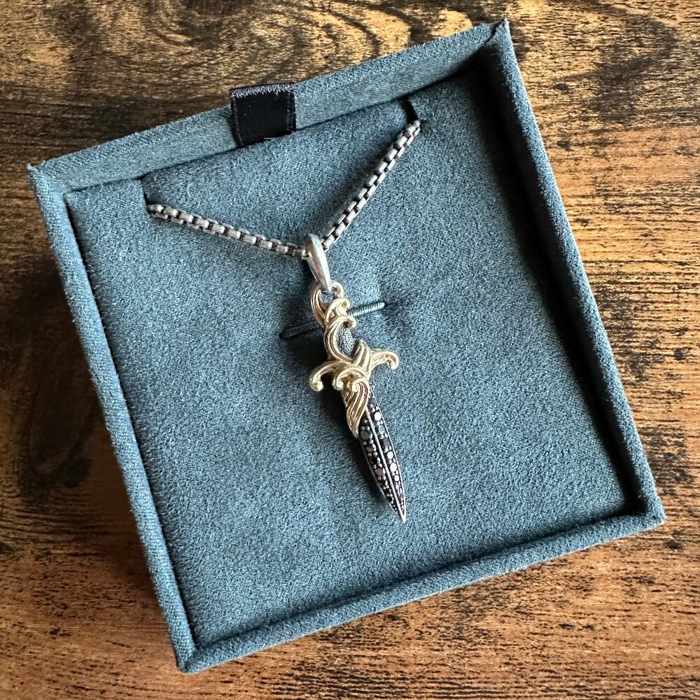 David Yurman Waves Dagger w/ 18K Gold & Black Diamonds Necklace - 2.7mm - 22"